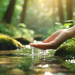 A human hand gently touching the surface of a clear forest stream, with sunlight filtering through the dense foliage of a peaceful woodland.
